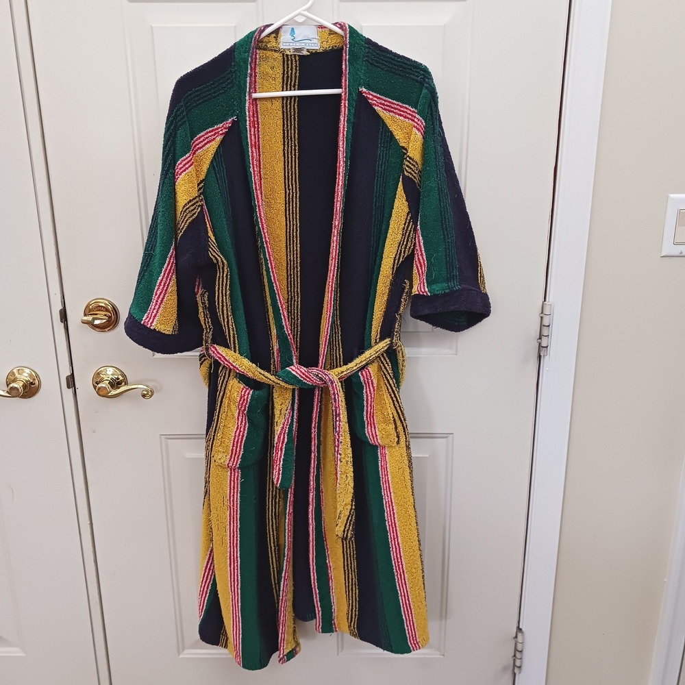 Vintage State O' Maine Mens Striped Cotton Terry Cloth Robe One Size Turkey
